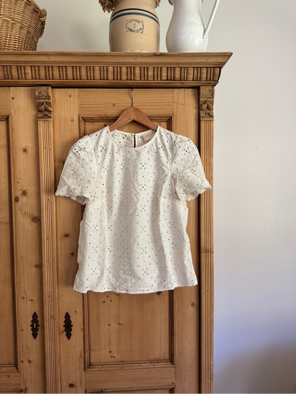 Sezane White Eyelet Short Sleeve Blouse